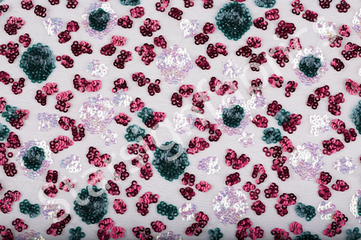 Colorful Sequin Embroidered Fabric with Cluster Flower Design