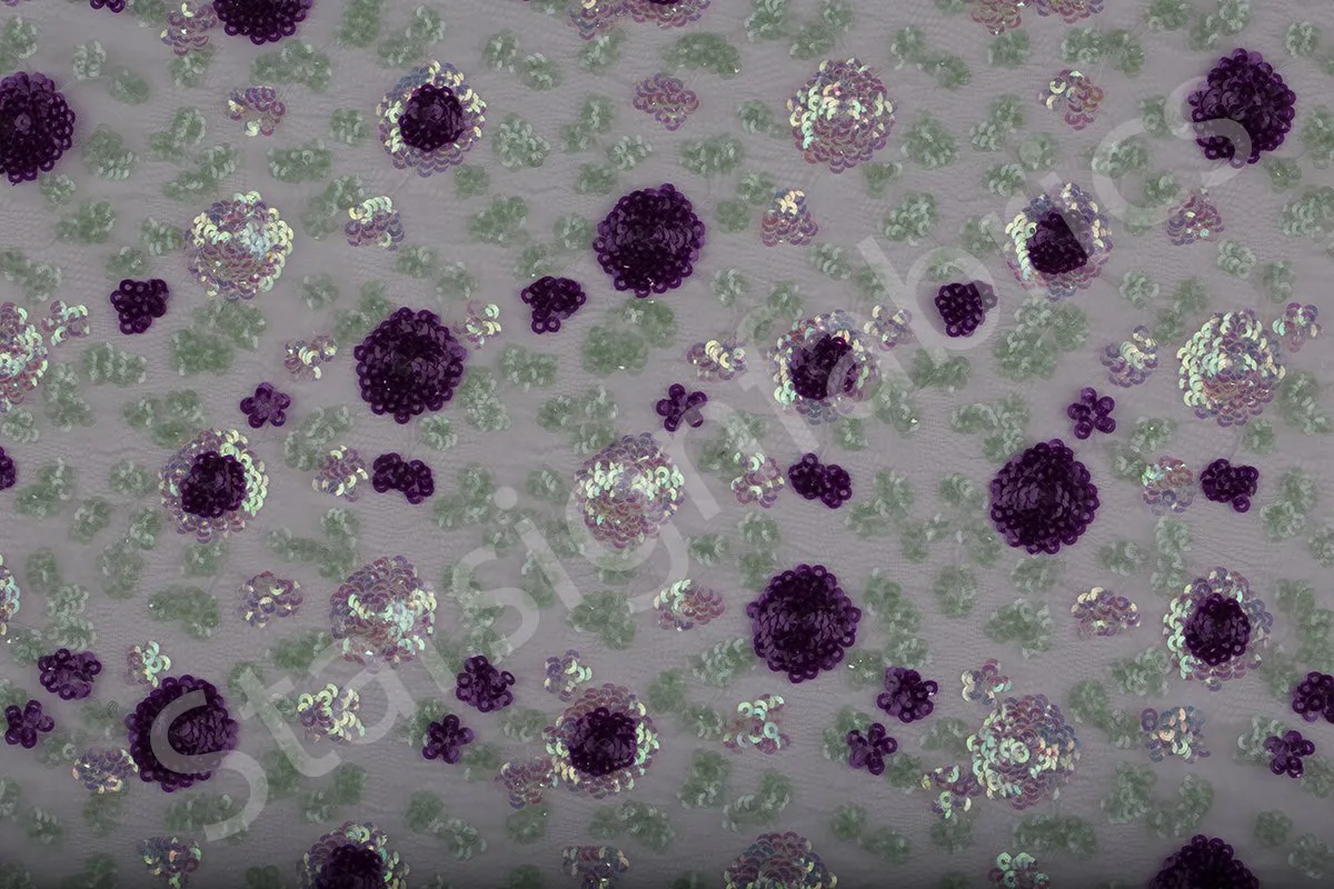 Colorful Sequin Embroidered Fabric with Cluster Flower Design