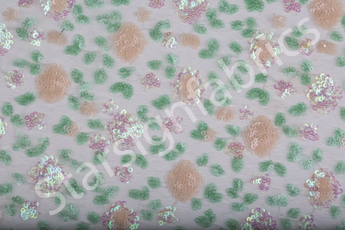 Colorful Sequin Embroidered Fabric with Cluster Flower Design