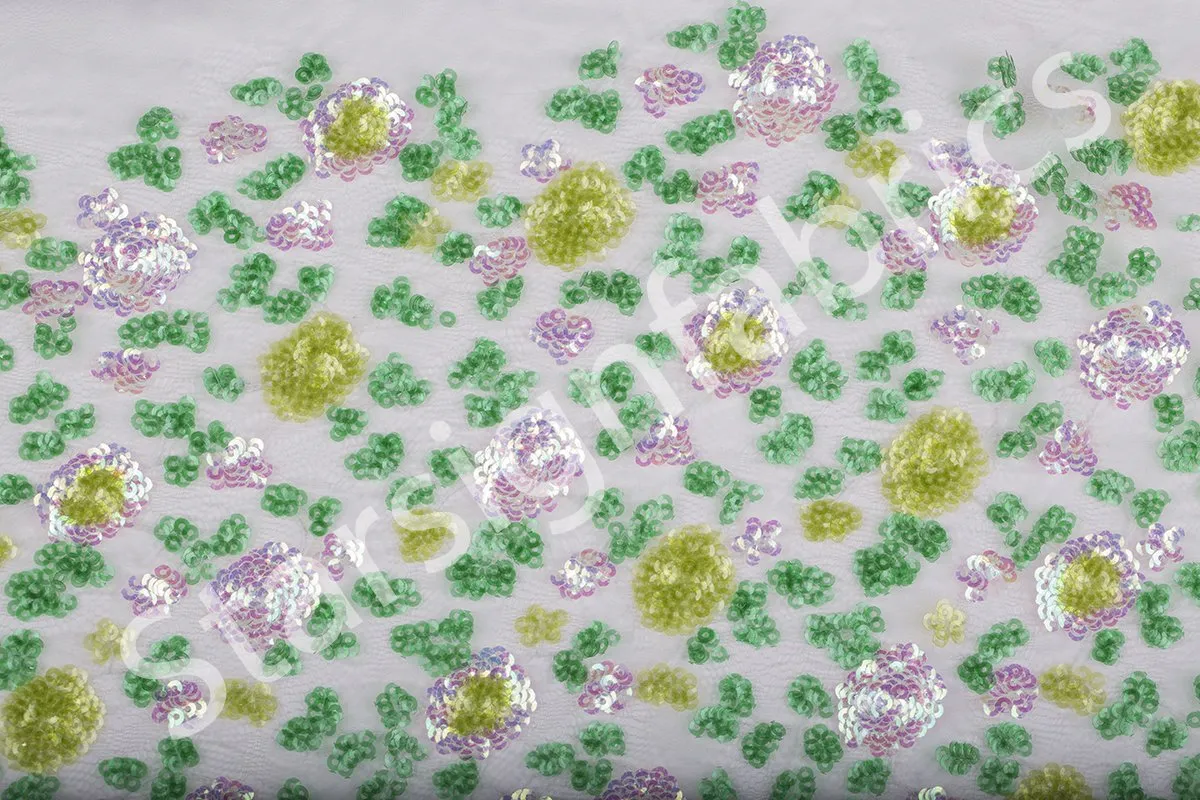 Colorful Sequin Embroidered Fabric with Cluster Flower Design