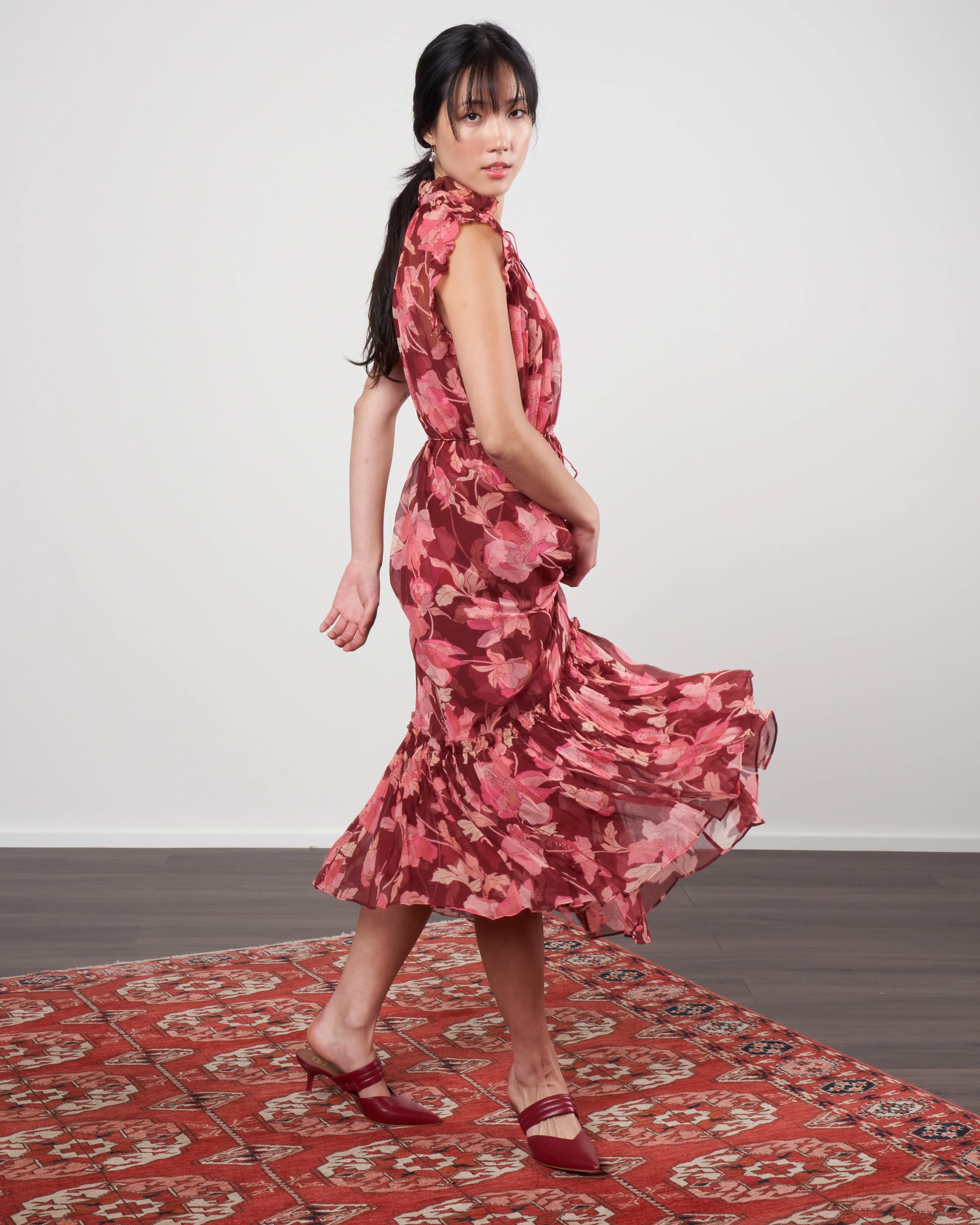 concert flutter dress - burgundy peonies