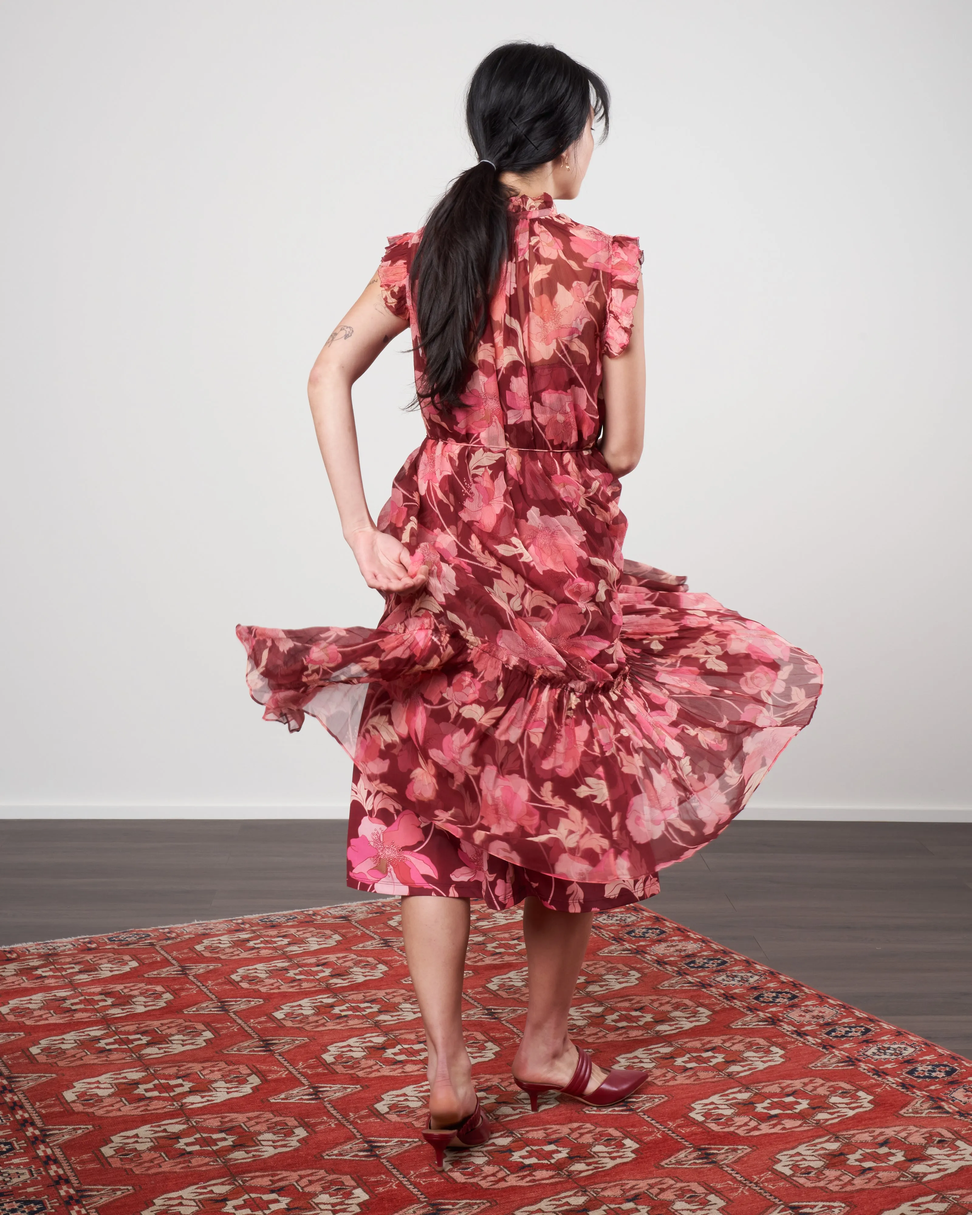 concert flutter dress - burgundy peonies