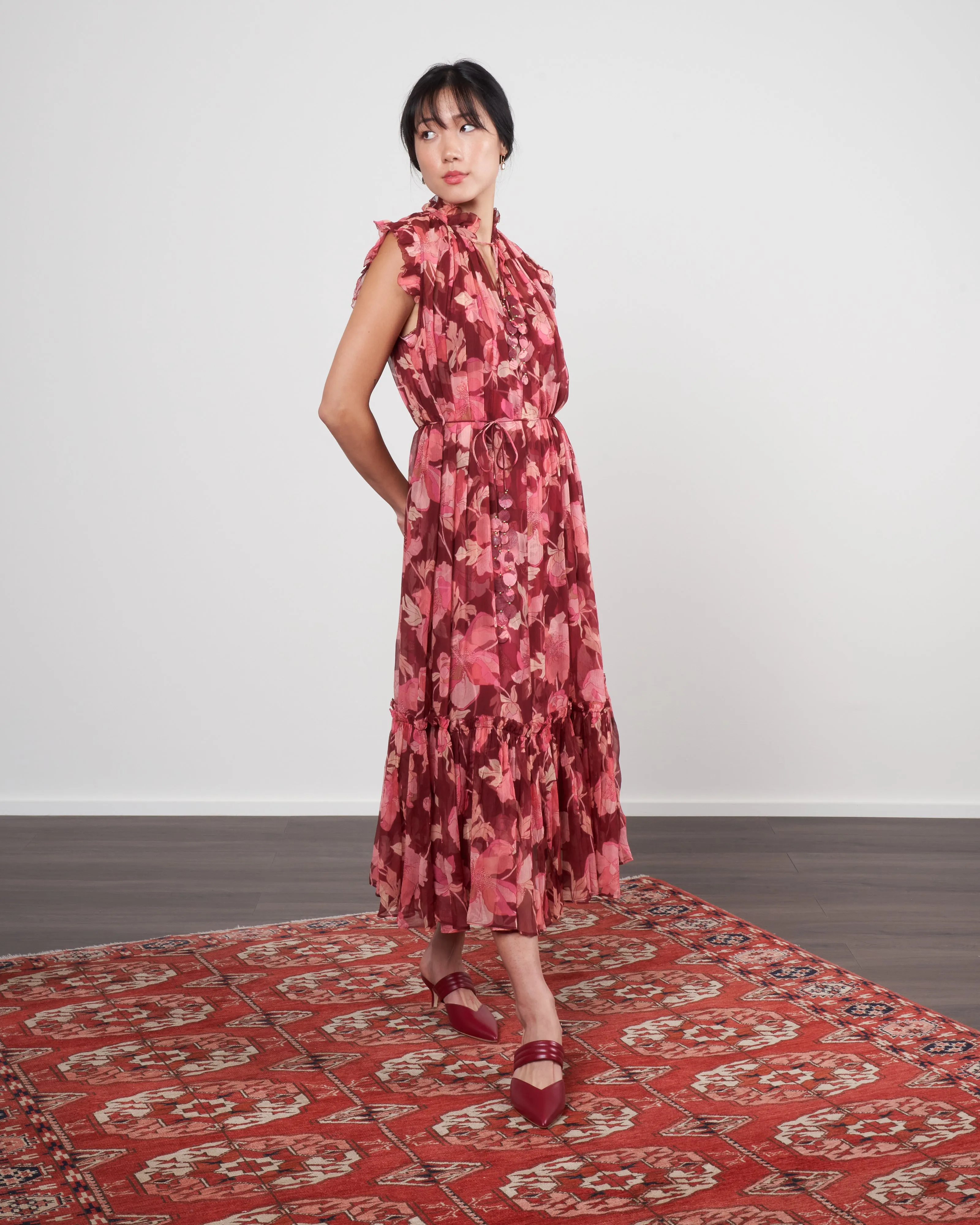 concert flutter dress - burgundy peonies