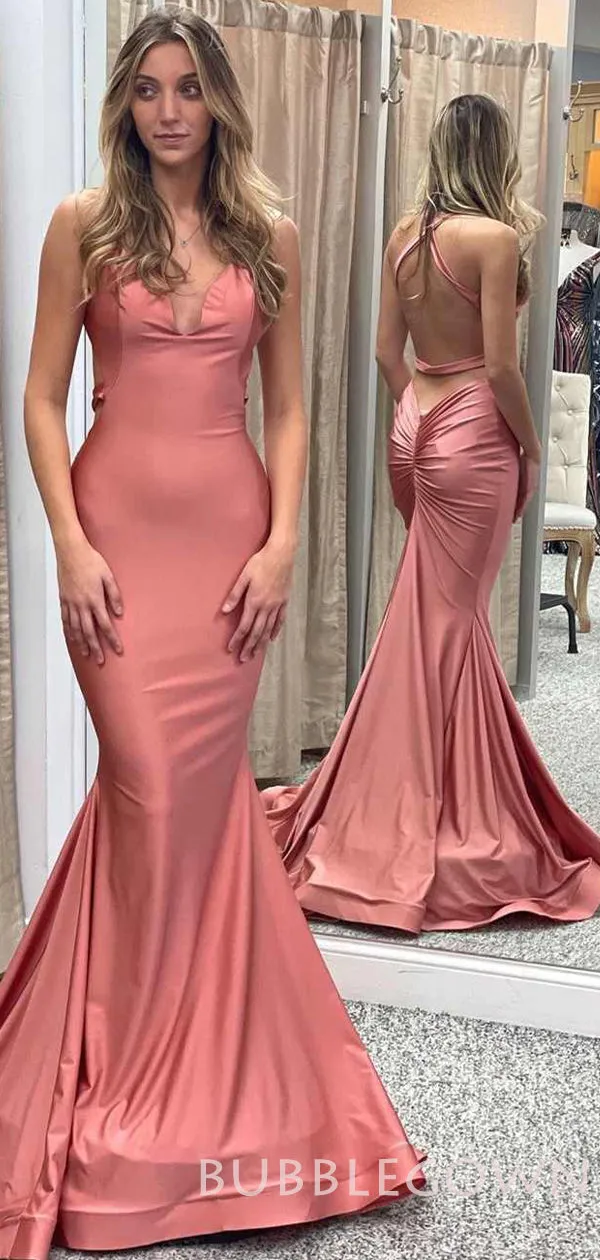 Coral Satin Mermaid Long Backless Evening Prom Dresses, Cheap Custom Prom Dress, MR7866