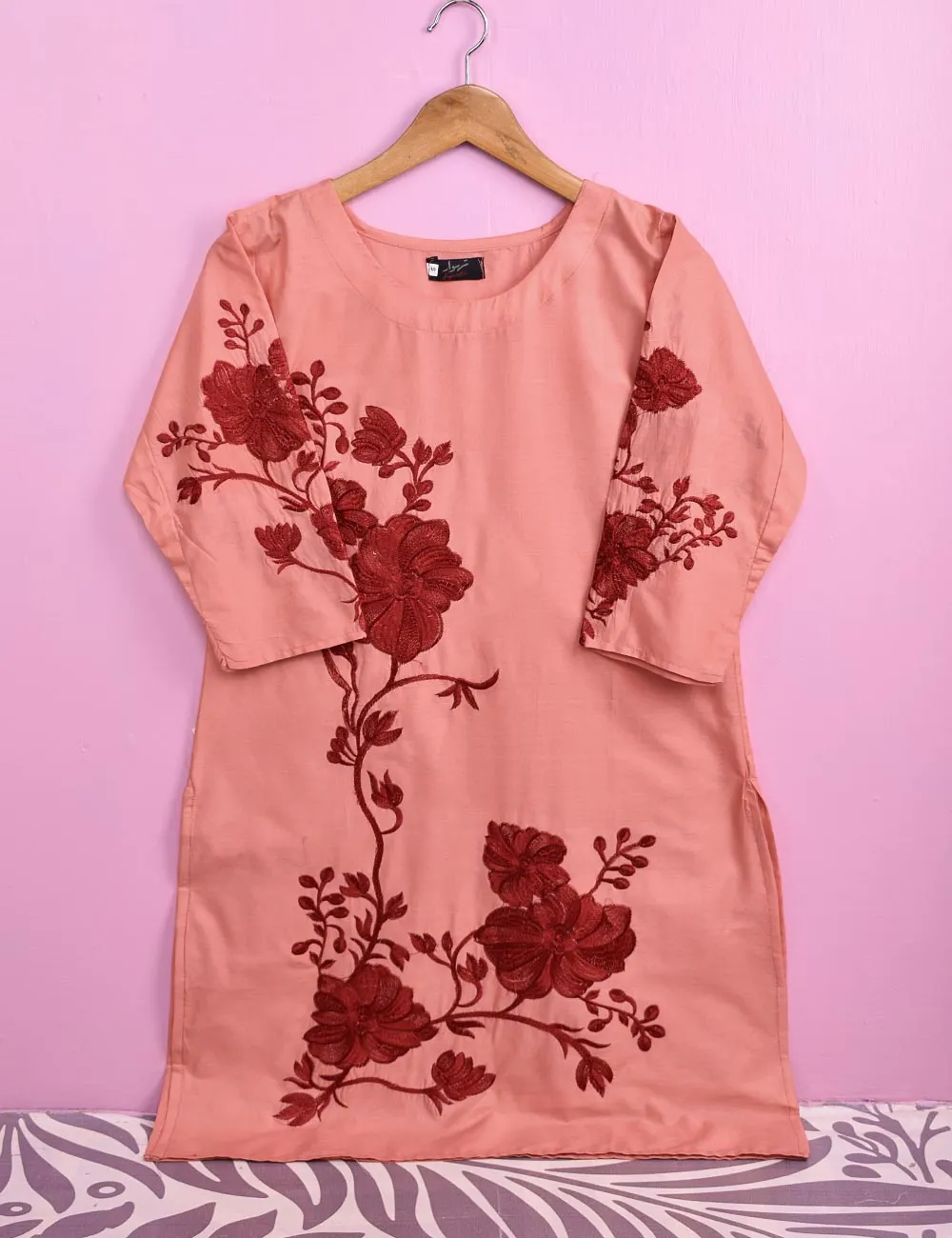 Cotton Embroidered Stitched Kurti - Fleur D’hibiscus (TS-016C-Peach)