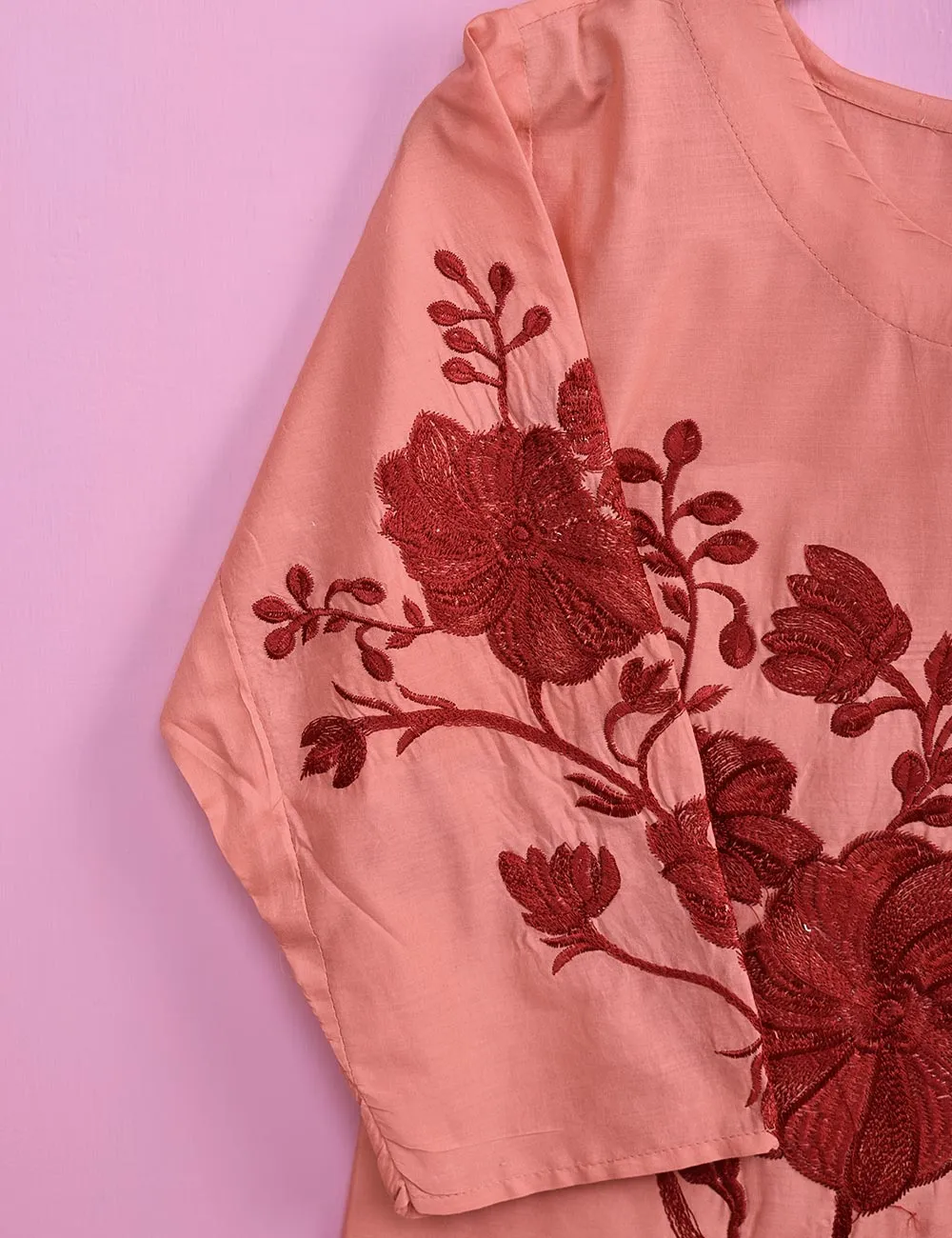 Cotton Embroidered Stitched Kurti - Fleur D’hibiscus (TS-016C-Peach)