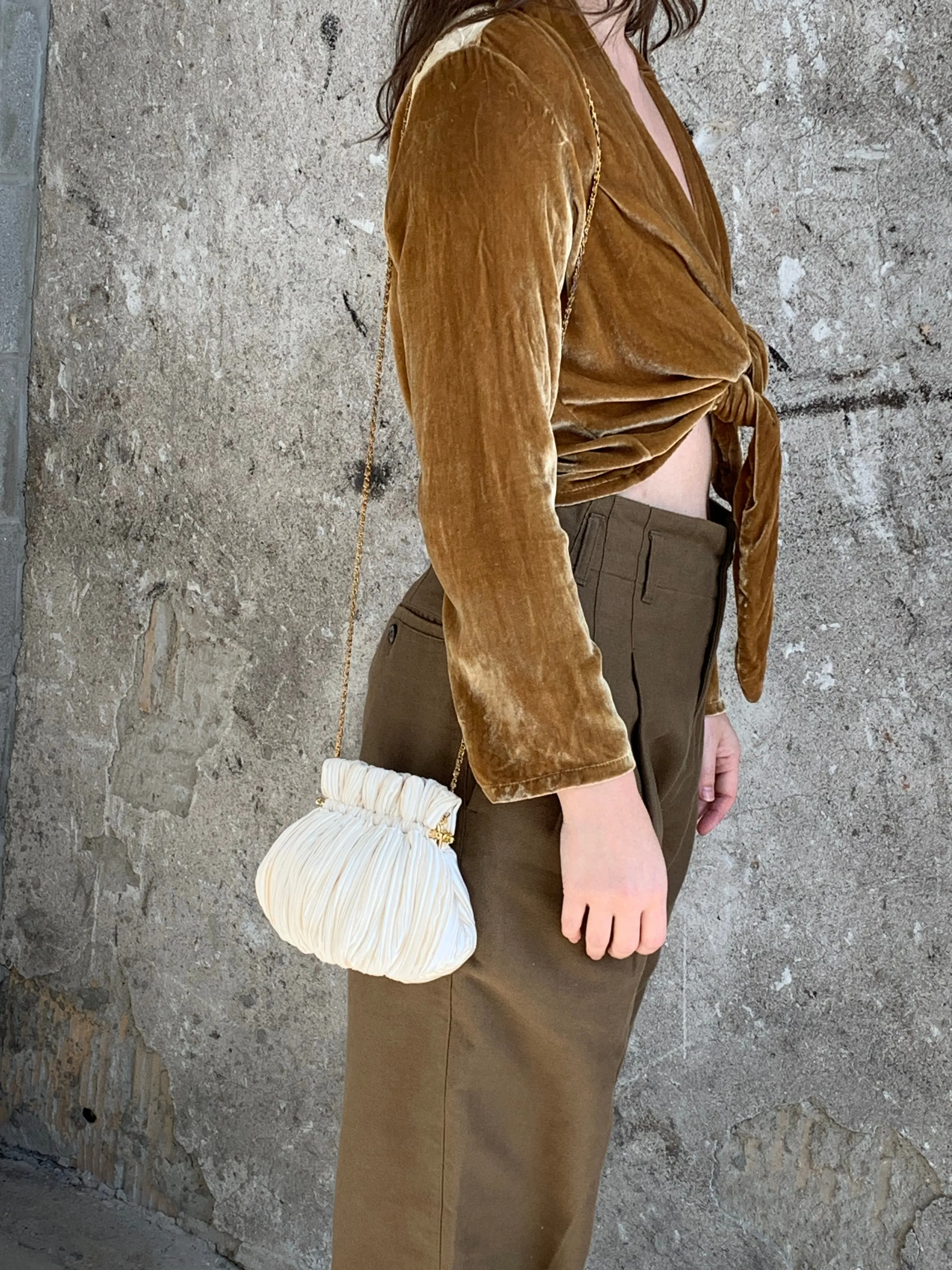 cream satin pleated purse
