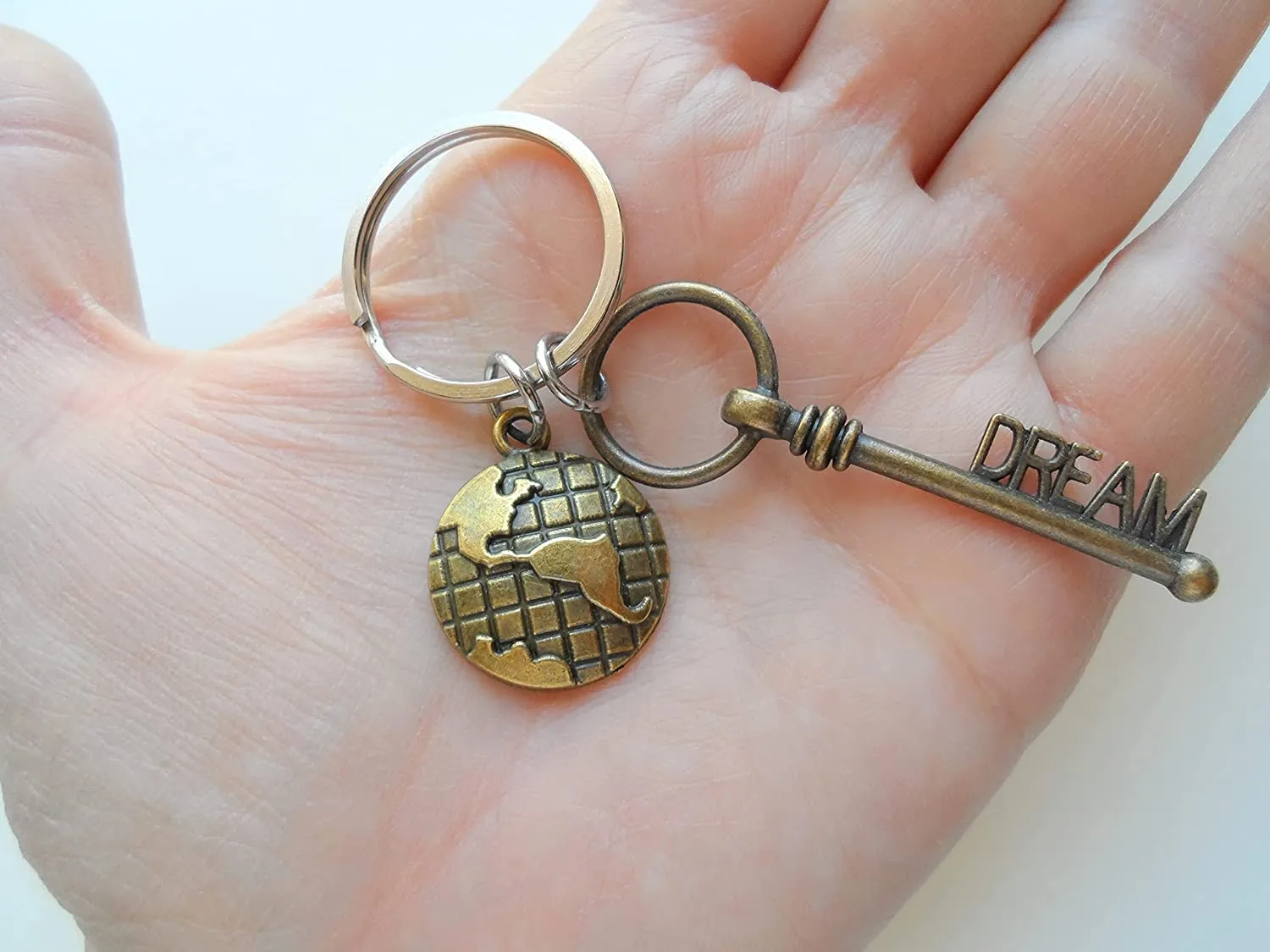 Custom Bronze Dream Key Charm Keychain with World Globe Charm, Personalized Graduate Keychain
