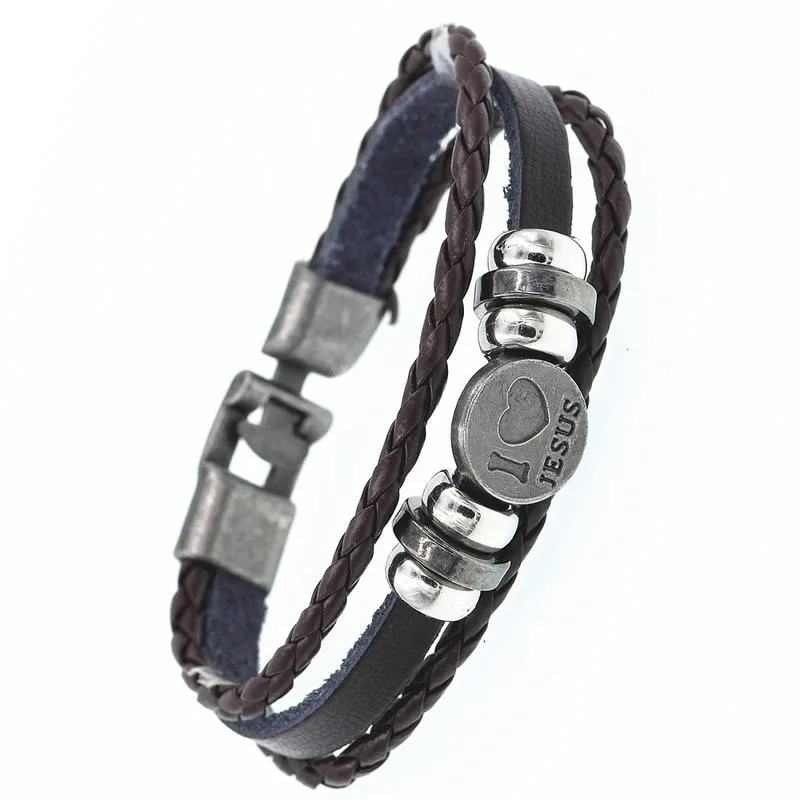 DGW Multilayer Bracelet Men Casual Fashion Braided Leather Bracelets Women Wood Bead Bracelet Punk Rock Men Jewelry