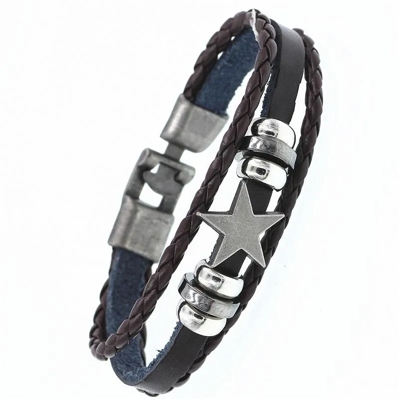 DGW Multilayer Bracelet Men Casual Fashion Braided Leather Bracelets Women Wood Bead Bracelet Punk Rock Men Jewelry