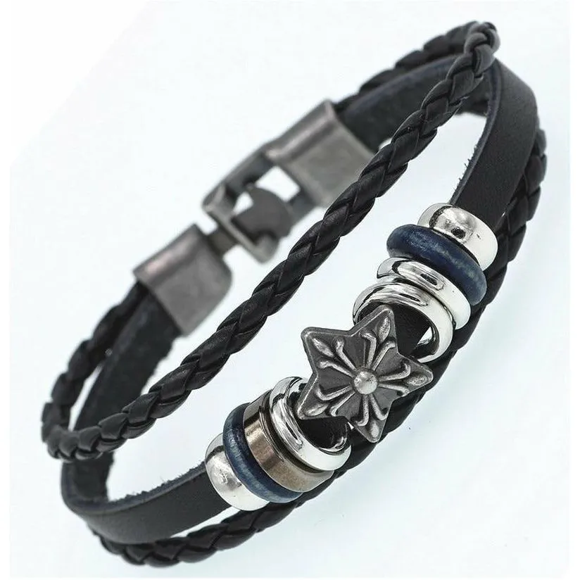 DGW Multilayer Bracelet Men Casual Fashion Braided Leather Bracelets Women Wood Bead Bracelet Punk Rock Men Jewelry