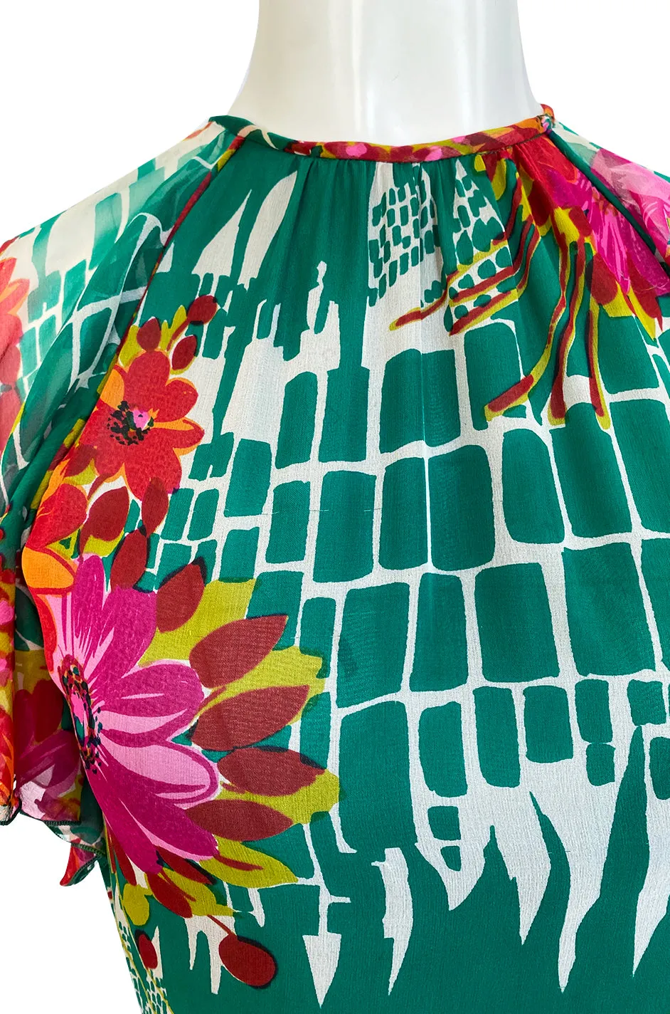 Documented 1973 Scott Barrie Pink & Green Floral Backless Silk Chiffon Dress