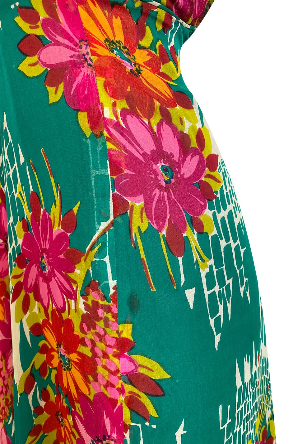 Documented 1973 Scott Barrie Pink & Green Floral Backless Silk Chiffon Dress