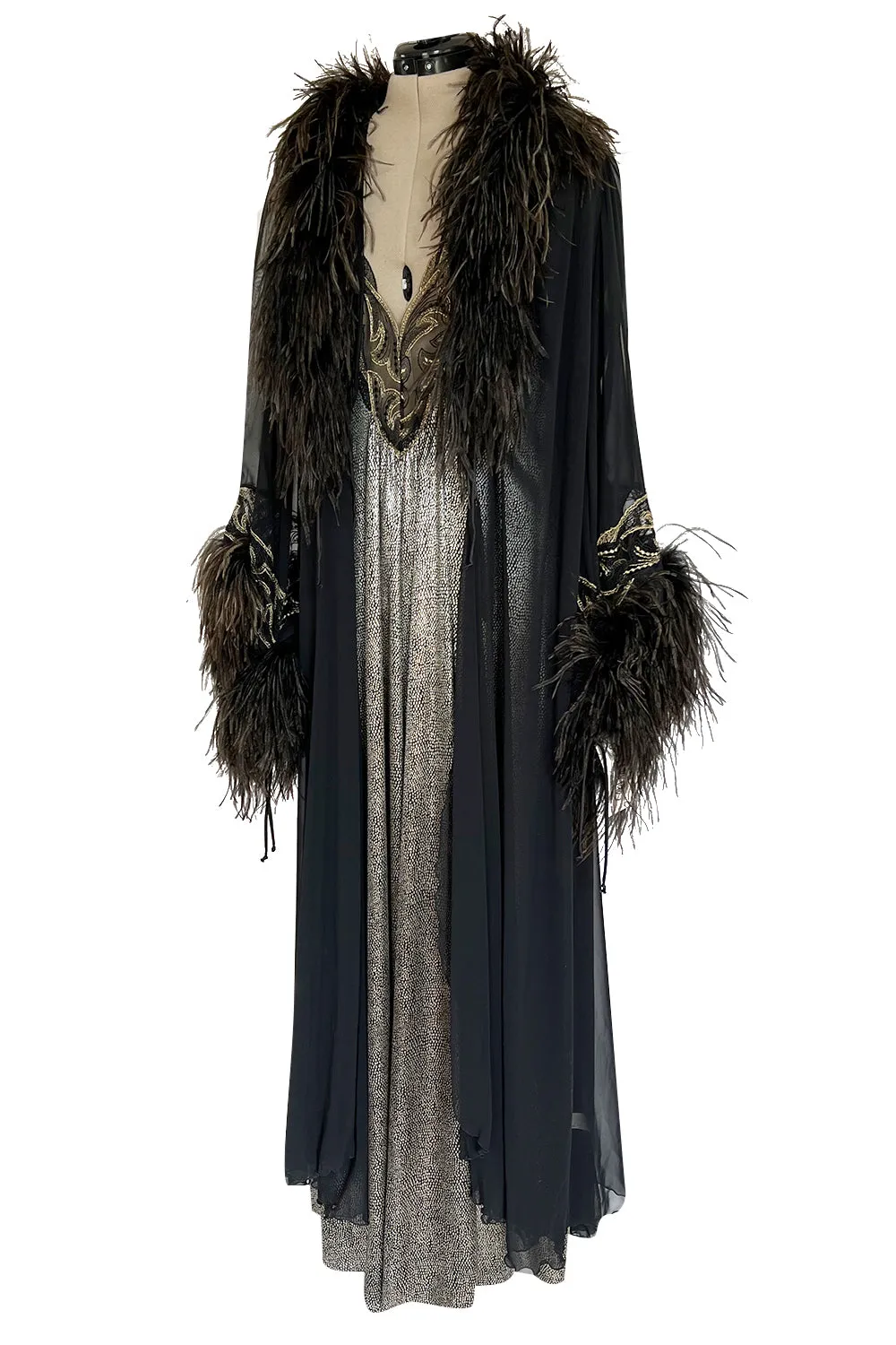 Dramatic 1980s Bob Mackie Chiffon & Gold Dress & Robe Set w Feather Trim