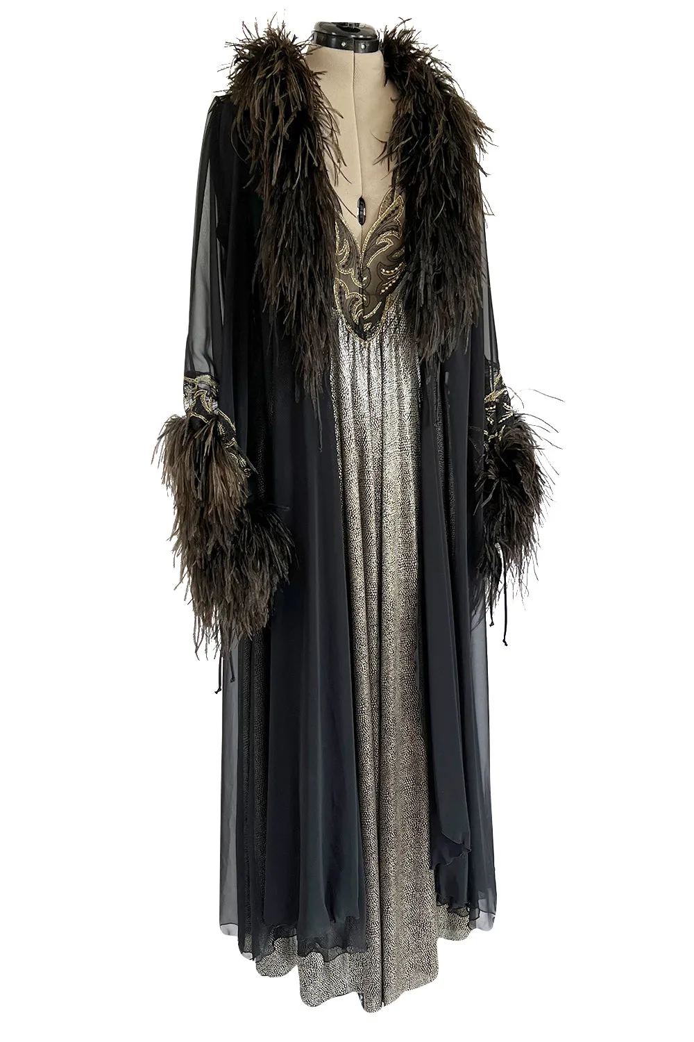 Dramatic 1980s Bob Mackie Chiffon & Gold Dress & Robe Set w Feather Trim
