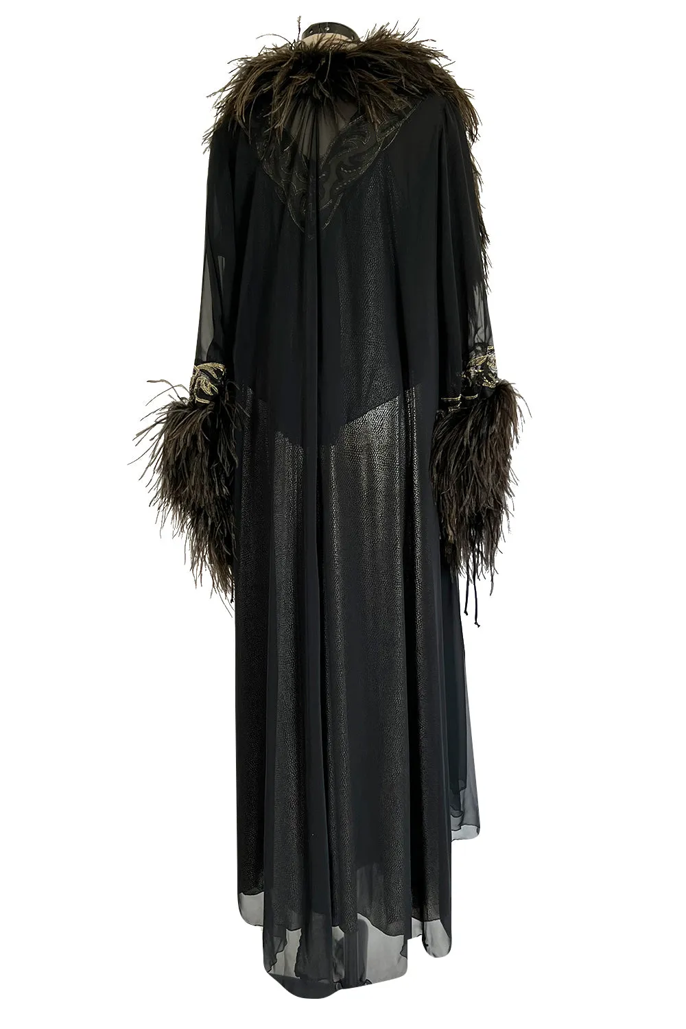 Dramatic 1980s Bob Mackie Chiffon & Gold Dress & Robe Set w Feather Trim