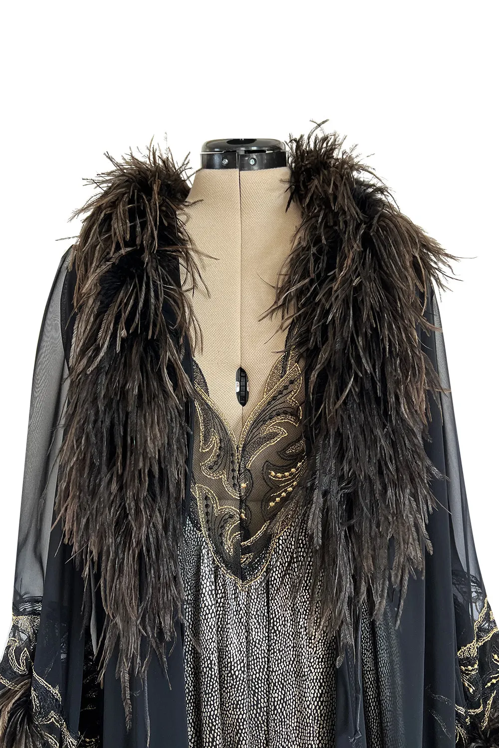 Dramatic 1980s Bob Mackie Chiffon & Gold Dress & Robe Set w Feather Trim
