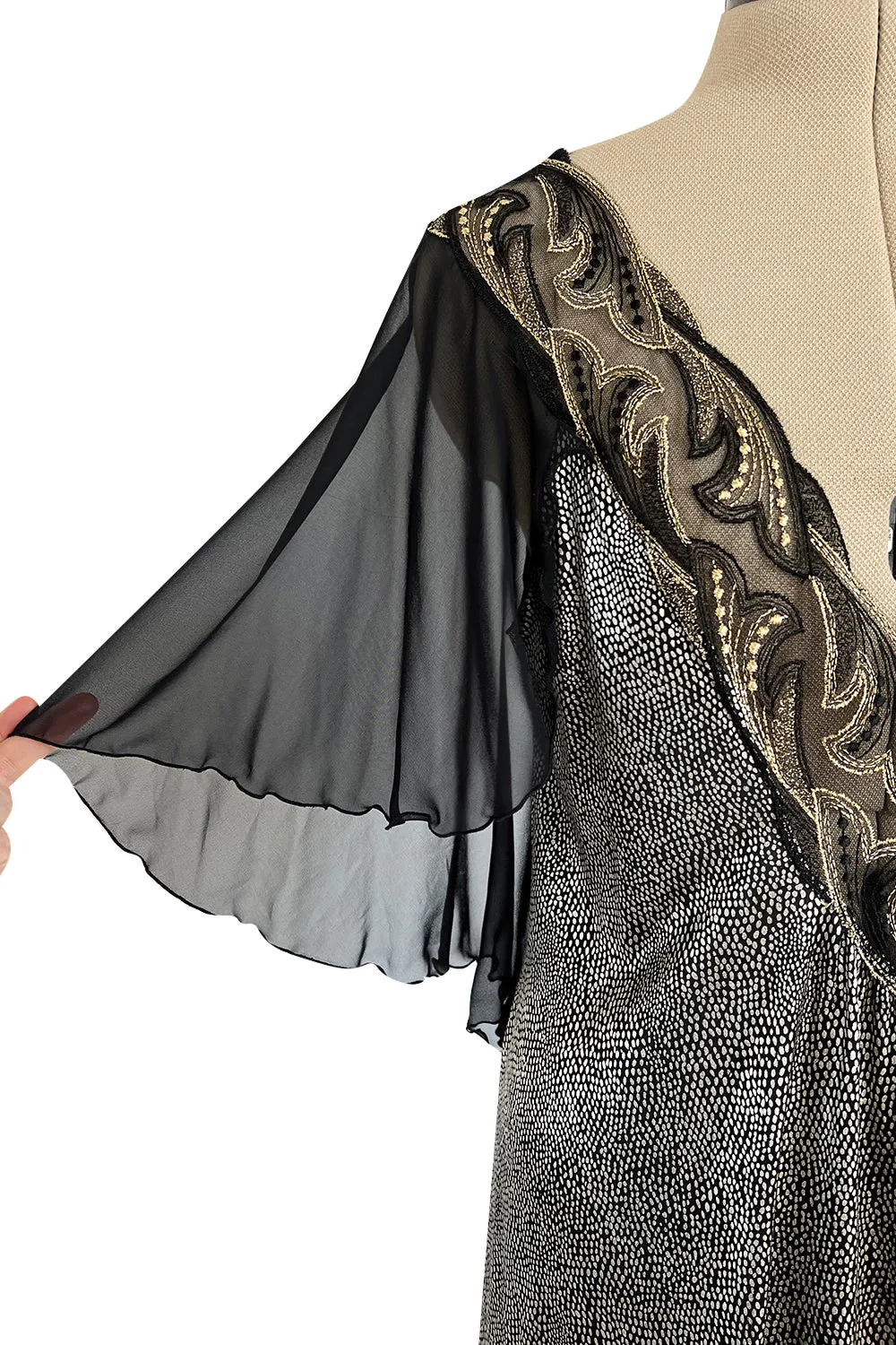 Dramatic 1980s Bob Mackie Chiffon & Gold Dress & Robe Set w Feather Trim