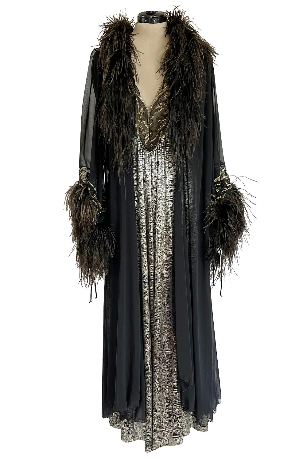 Dramatic 1980s Bob Mackie Chiffon & Gold Dress & Robe Set w Feather Trim