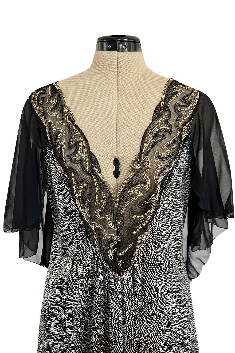 Dramatic 1980s Bob Mackie Chiffon & Gold Dress & Robe Set w Feather Trim
