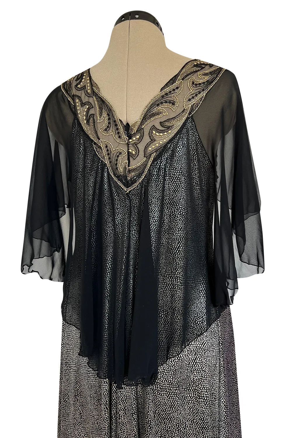 Dramatic 1980s Bob Mackie Chiffon & Gold Dress & Robe Set w Feather Trim