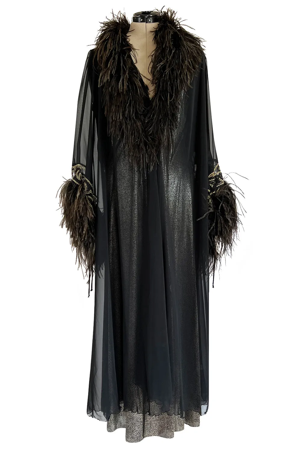 Dramatic 1980s Bob Mackie Chiffon & Gold Dress & Robe Set w Feather Trim
