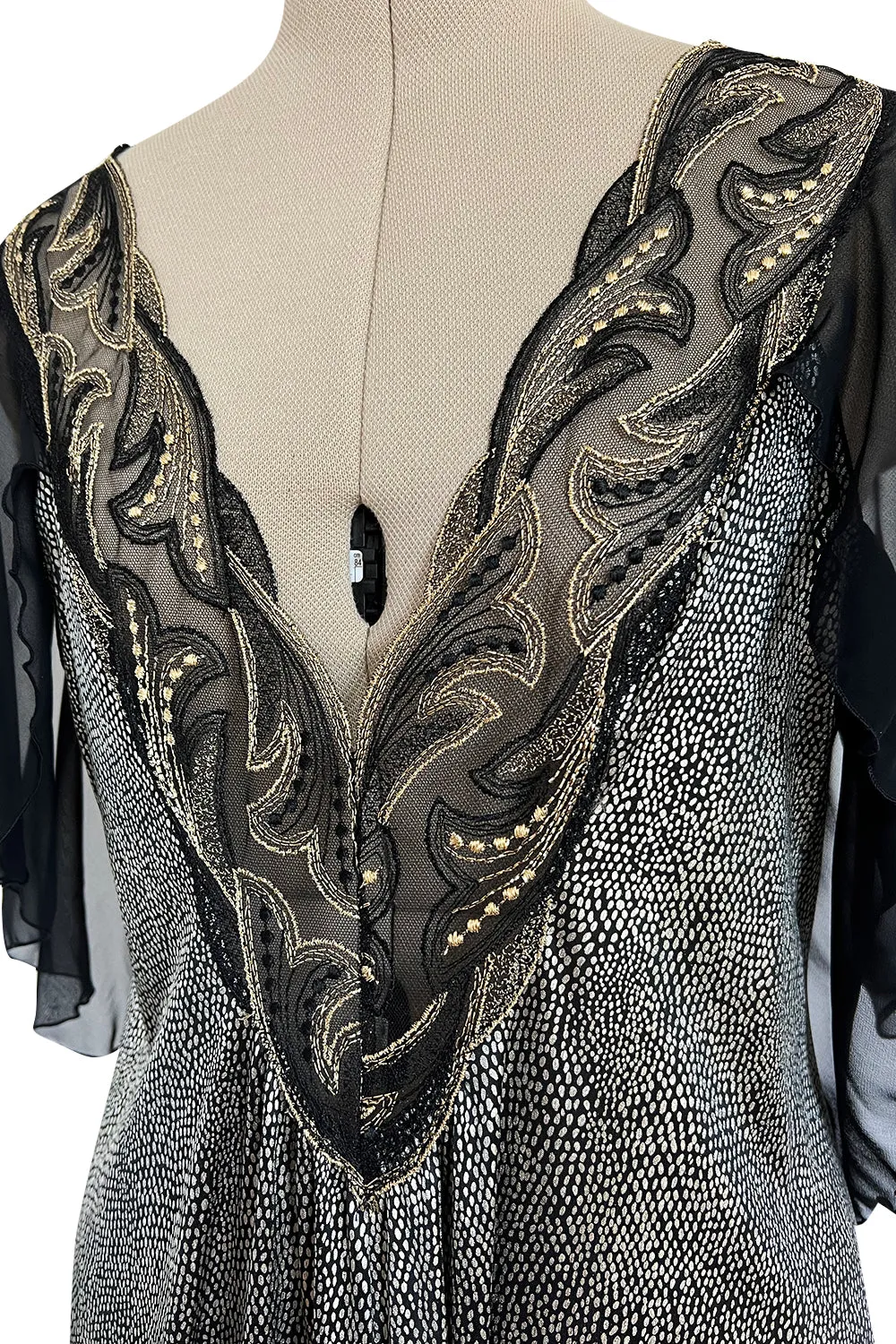 Dramatic 1980s Bob Mackie Chiffon & Gold Dress & Robe Set w Feather Trim
