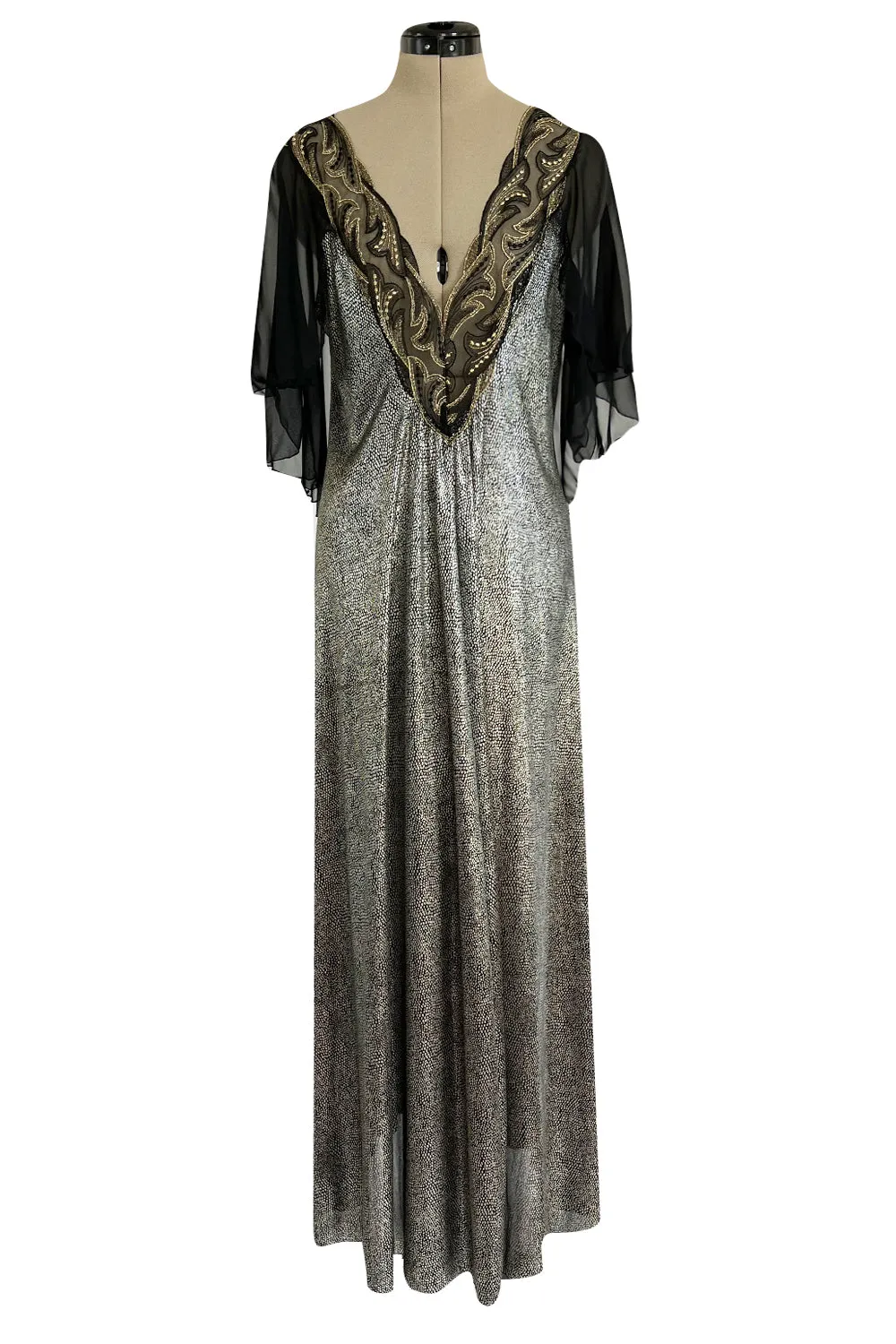 Dramatic 1980s Bob Mackie Chiffon & Gold Dress & Robe Set w Feather Trim