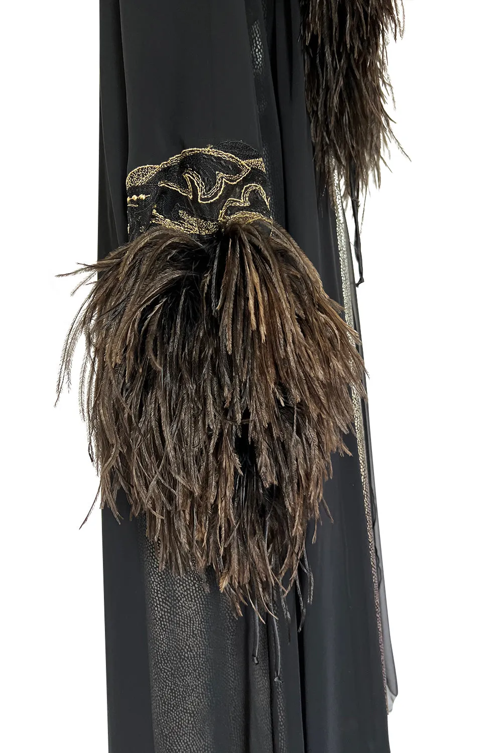 Dramatic 1980s Bob Mackie Chiffon & Gold Dress & Robe Set w Feather Trim