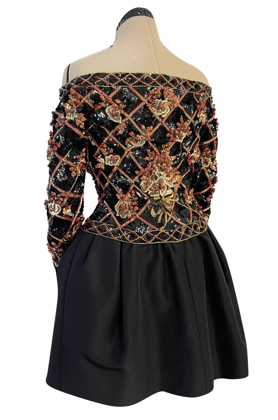 Elaborate 1987 John Anthony Couture Off Shoulder Mini Dress w Sequin Beading & Rosettes