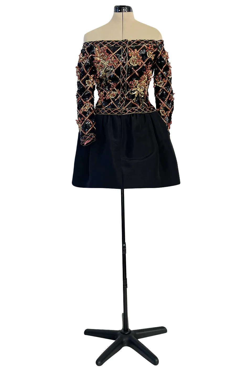 Elaborate 1987 John Anthony Couture Off Shoulder Mini Dress w Sequin Beading & Rosettes