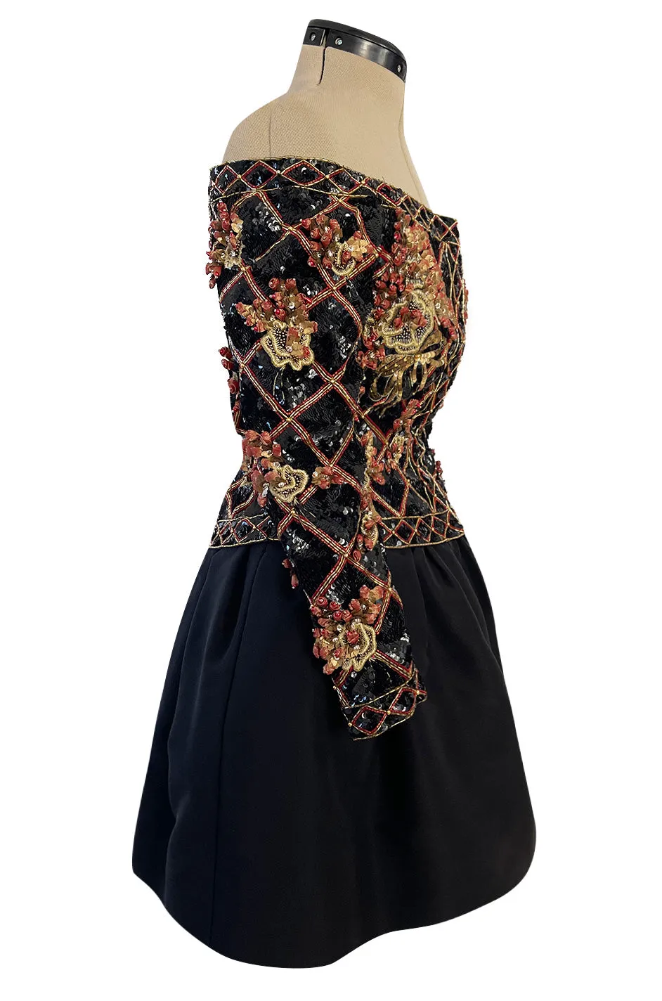 Elaborate 1987 John Anthony Couture Off Shoulder Mini Dress w Sequin Beading & Rosettes