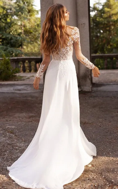Elegant Bateau A Line Floor-length Sweep Train Long Sleeve Wedding Dress With Appliques-716030