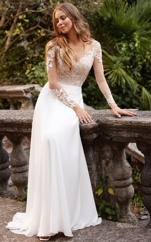 Elegant Bateau A Line Floor-length Sweep Train Long Sleeve Wedding Dress With Appliques-716030