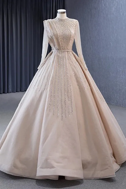 Elegant Champagne Satin High Neck Evening Dresses A Line Sequins Prom Dresses