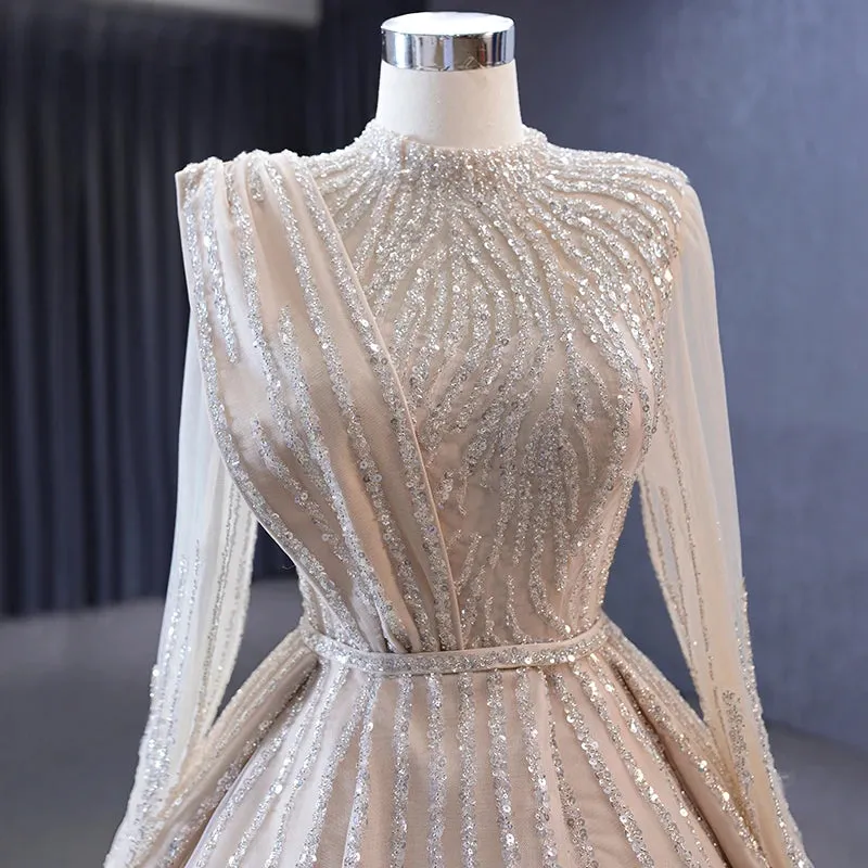 Elegant Champagne Satin High Neck Evening Dresses A Line Sequins Prom Dresses