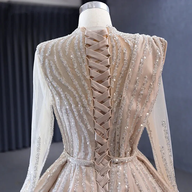 Elegant Champagne Satin High Neck Evening Dresses A Line Sequins Prom Dresses