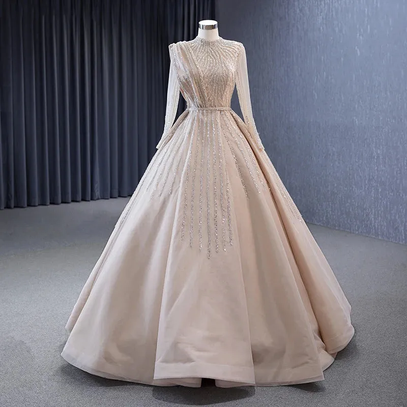 Elegant Champagne Satin High Neck Evening Dresses A Line Sequins Prom Dresses