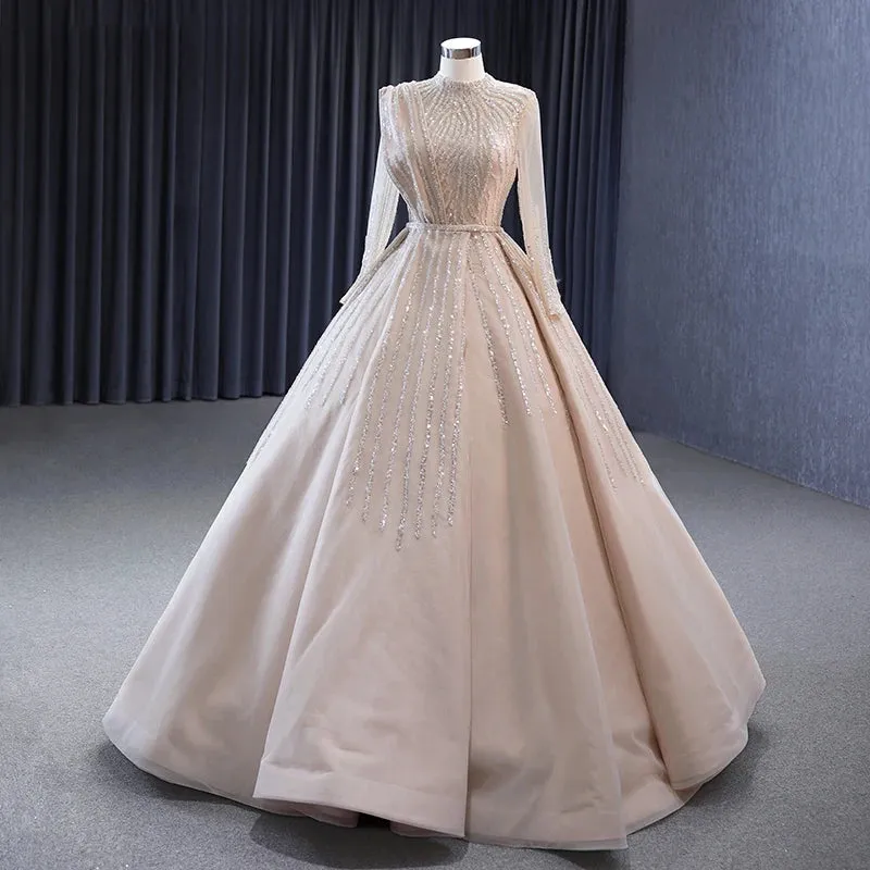 Elegant Champagne Satin High Neck Evening Dresses A Line Sequins Prom Dresses
