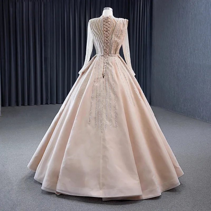 Elegant Champagne Satin High Neck Evening Dresses A Line Sequins Prom Dresses