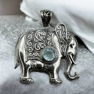 ELEPHANT Blue Topaz Solid 925 Sterling Silver Pendant