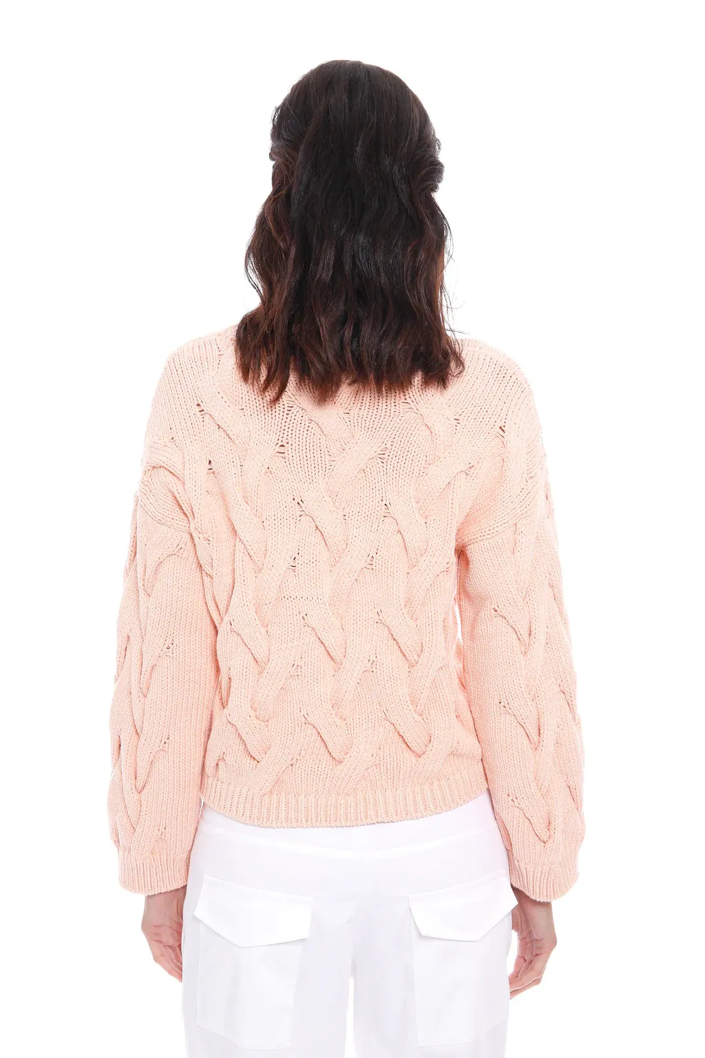 ELEVENTY - Pink/Peach Cotton Braided Cable Knit Round Neck Sweater - XS