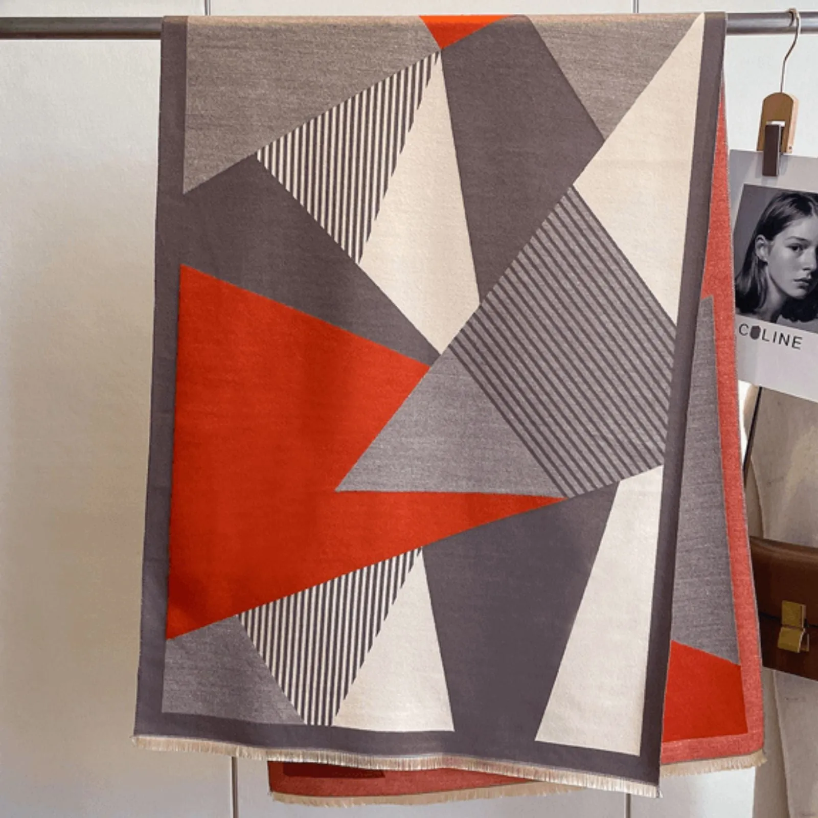 Elie Beaumont Grey, Ivory & Orange Geometric Scarf
