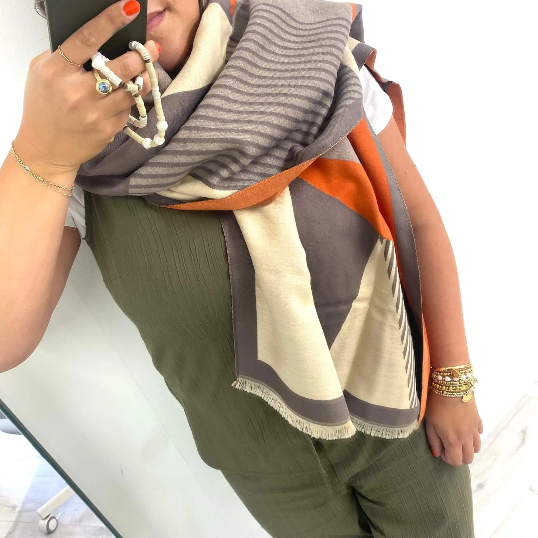 Elie Beaumont Grey, Ivory & Orange Geometric Scarf
