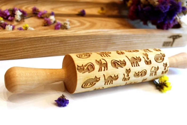 Engraved Embossing Rolling Pin FUNNY CATS, Christmas Gift,Textured Cookie, Clay Stamp, Pottery Roller