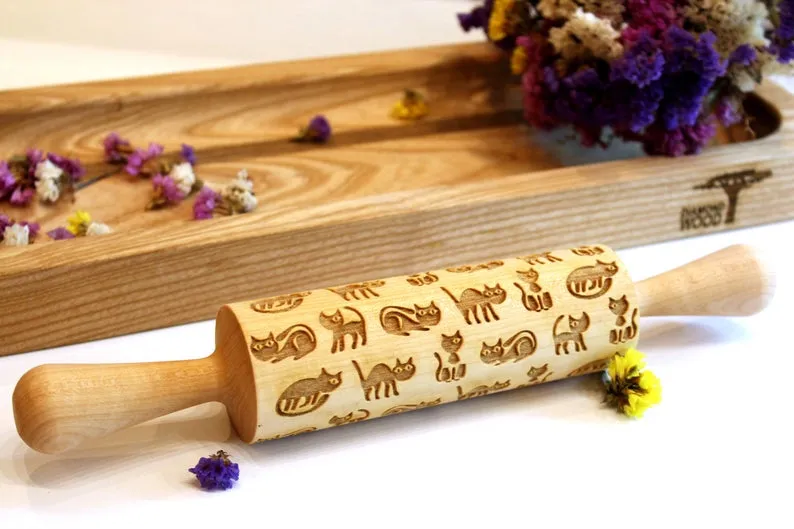 Engraved Embossing Rolling Pin FUNNY CATS, Christmas Gift,Textured Cookie, Clay Stamp, Pottery Roller