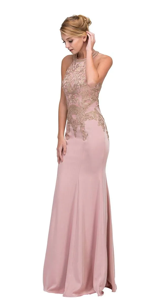 Eureka 7033 Embroidered Halter Mermaid Long Dress Racer Back