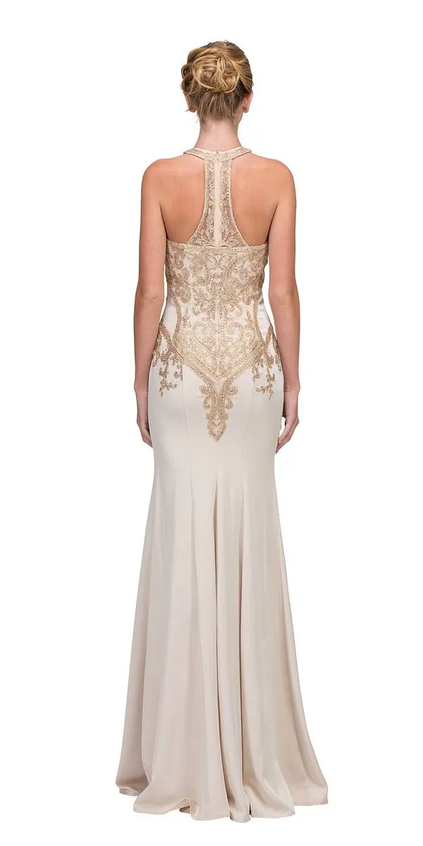 Eureka 7033 Embroidered Halter Mermaid Long Dress Racer Back