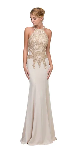 Eureka 7033 Embroidered Halter Mermaid Long Dress Racer Back