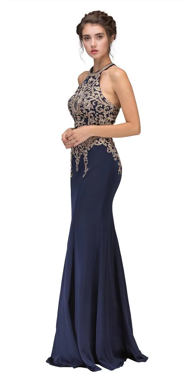 Eureka 7033 Embroidered Halter Mermaid Long Dress Racer Back